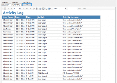 HemaTrax-CT 3.7.2 activity log interface screenshot