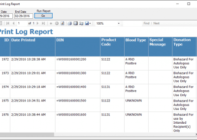 HemaTrax-CT 3.7.2 print log interface screenshot