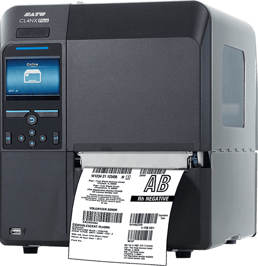 Sato CL4NX Plus tabletop printer with 4x4 blood bank label 512px